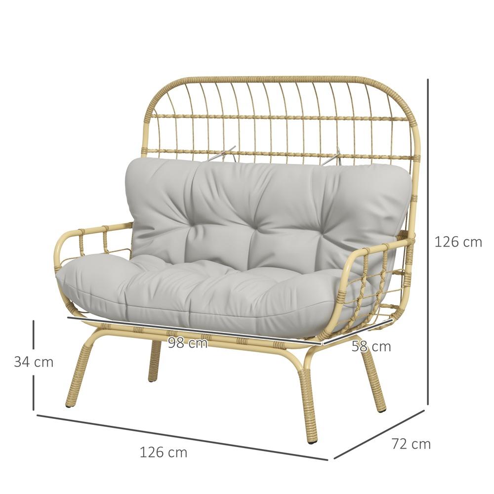 Ljusgrå rottingsoffa, 2-sits med kuddar och armstöd, utemöbler (240 kg kapacitet)