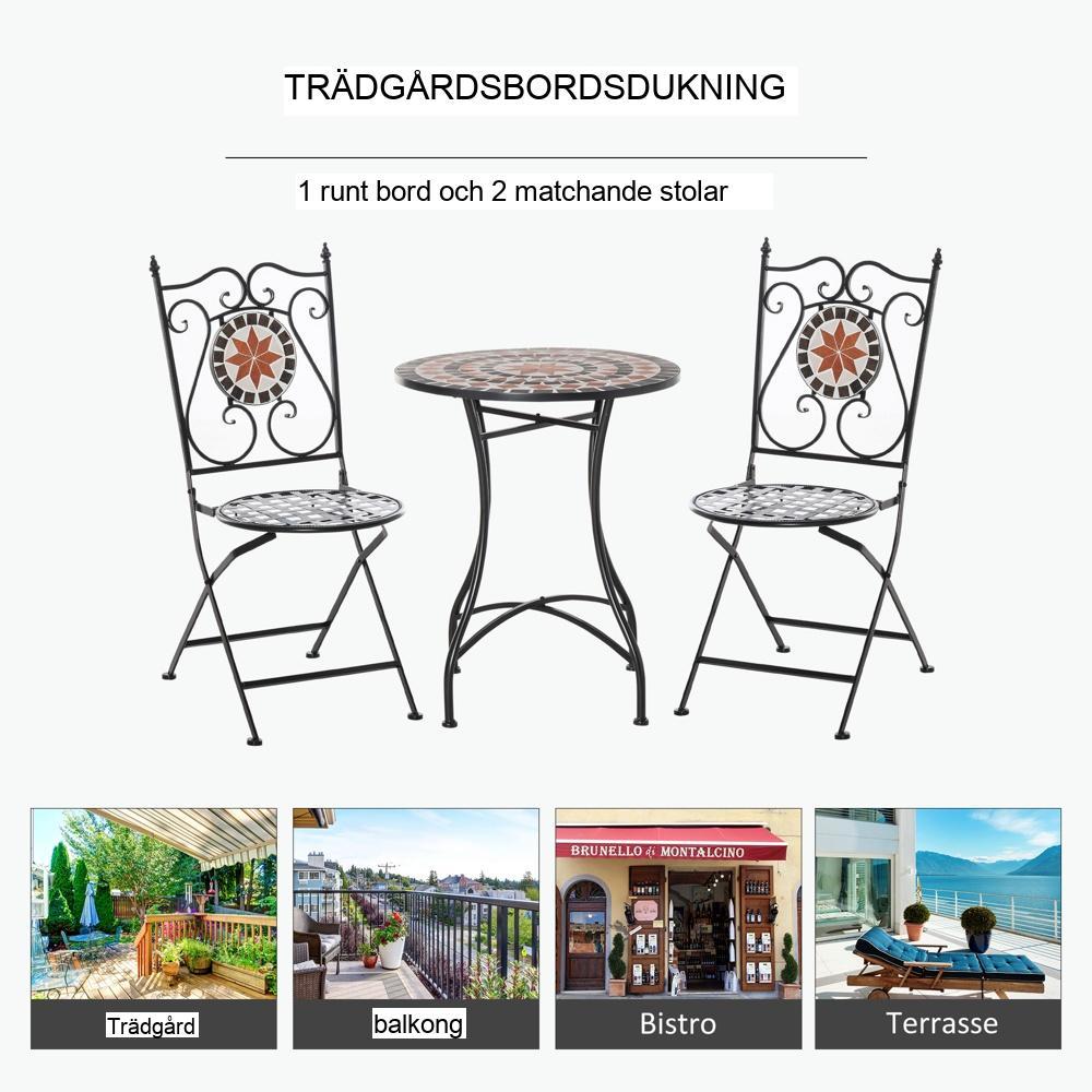 Mosaic Balcony Bistro Set för 2 med hopfällbara stolar och metallbord