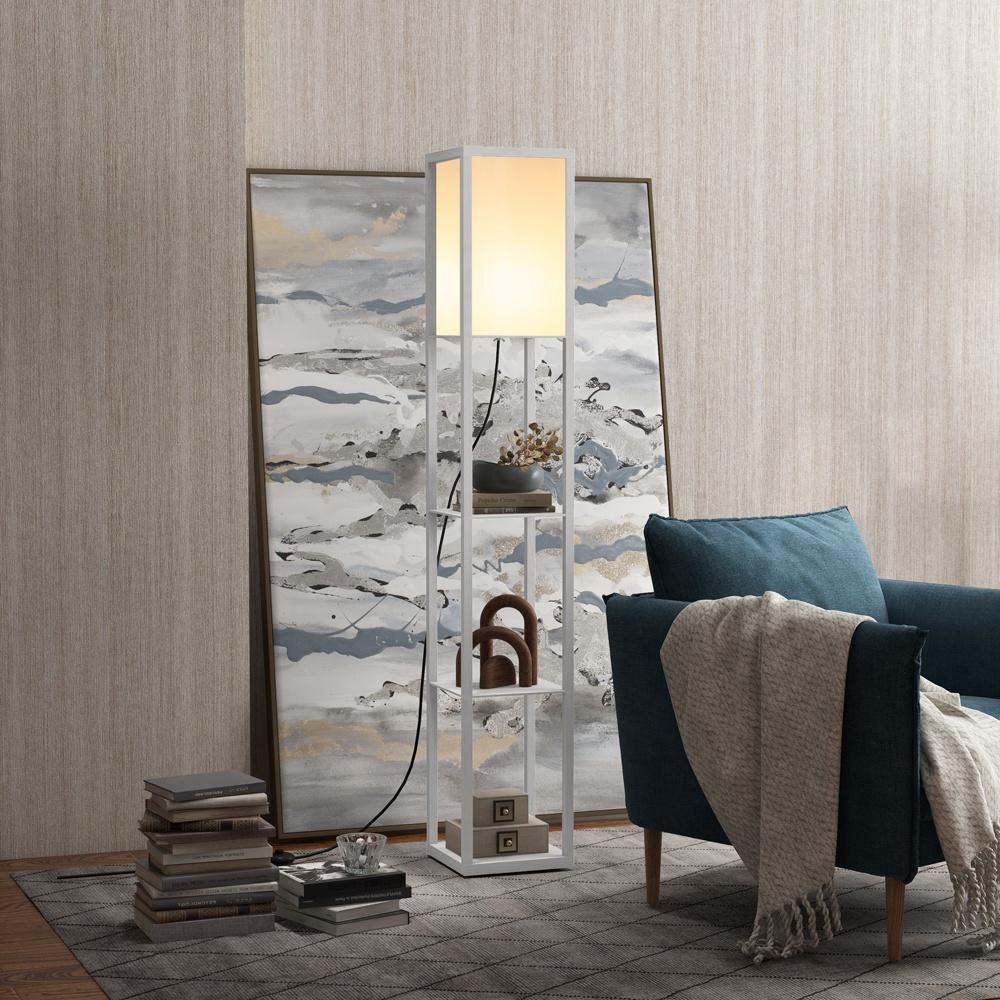 Snygg golvlampa med 3 hyllplan med mjuk belysning för vardagsrum eller sovrum Vit 26x26x160cm