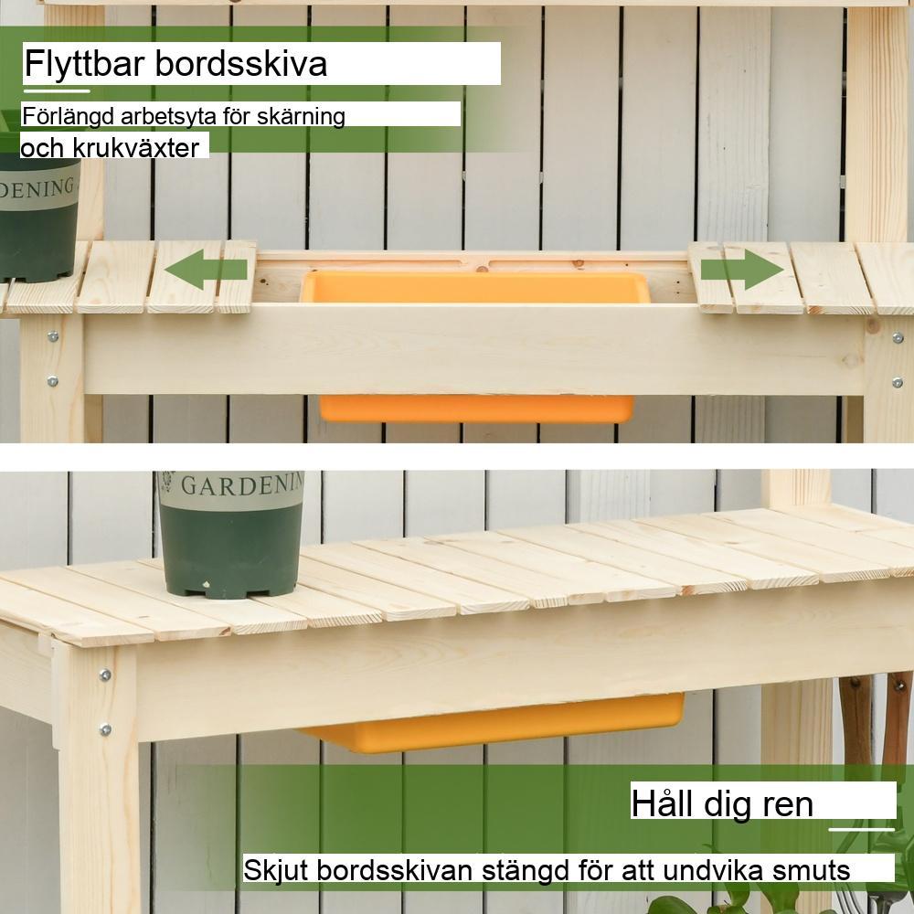 Justerbart granträ växtbord med förvaringshyllor och krokar – 100x40x140cm