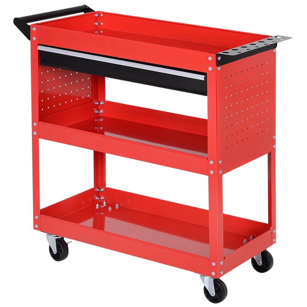 Red Steel Tool Trolley med låda, 60 kg kapacitet, garageförvaring