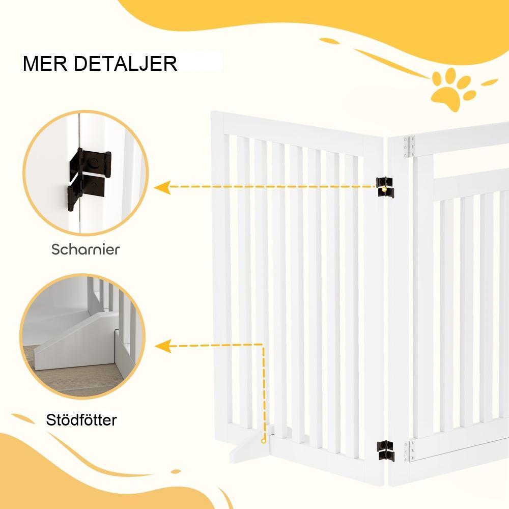 Vikbar husdjursbarriärport, vit 81 cm – Fristående skyddsgrind med dörr och stödfötter för inomhusbruk