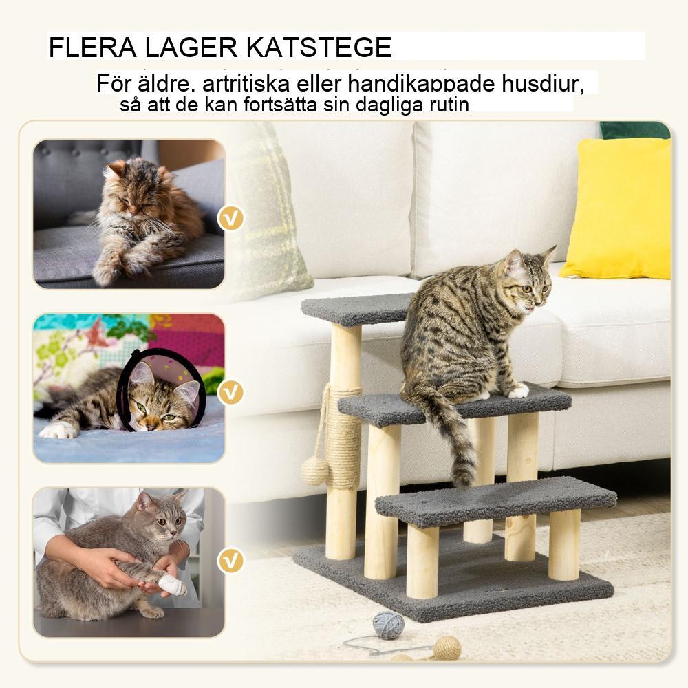 3-stegs katttrappa Grå Teddytyg 48cm För små katter Seniorer