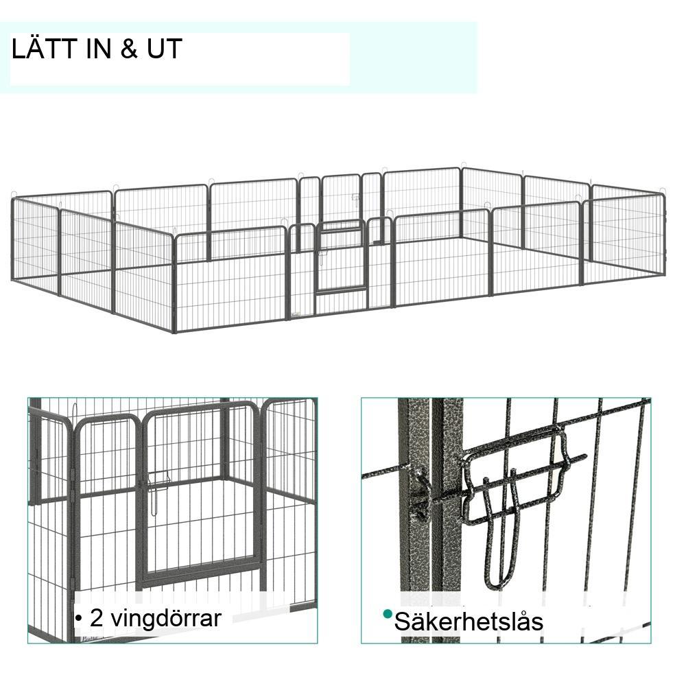 Anpassningsbar lekhage för husdjur i stål, 16 segment, 2 dörrar, inomhus/utomhus