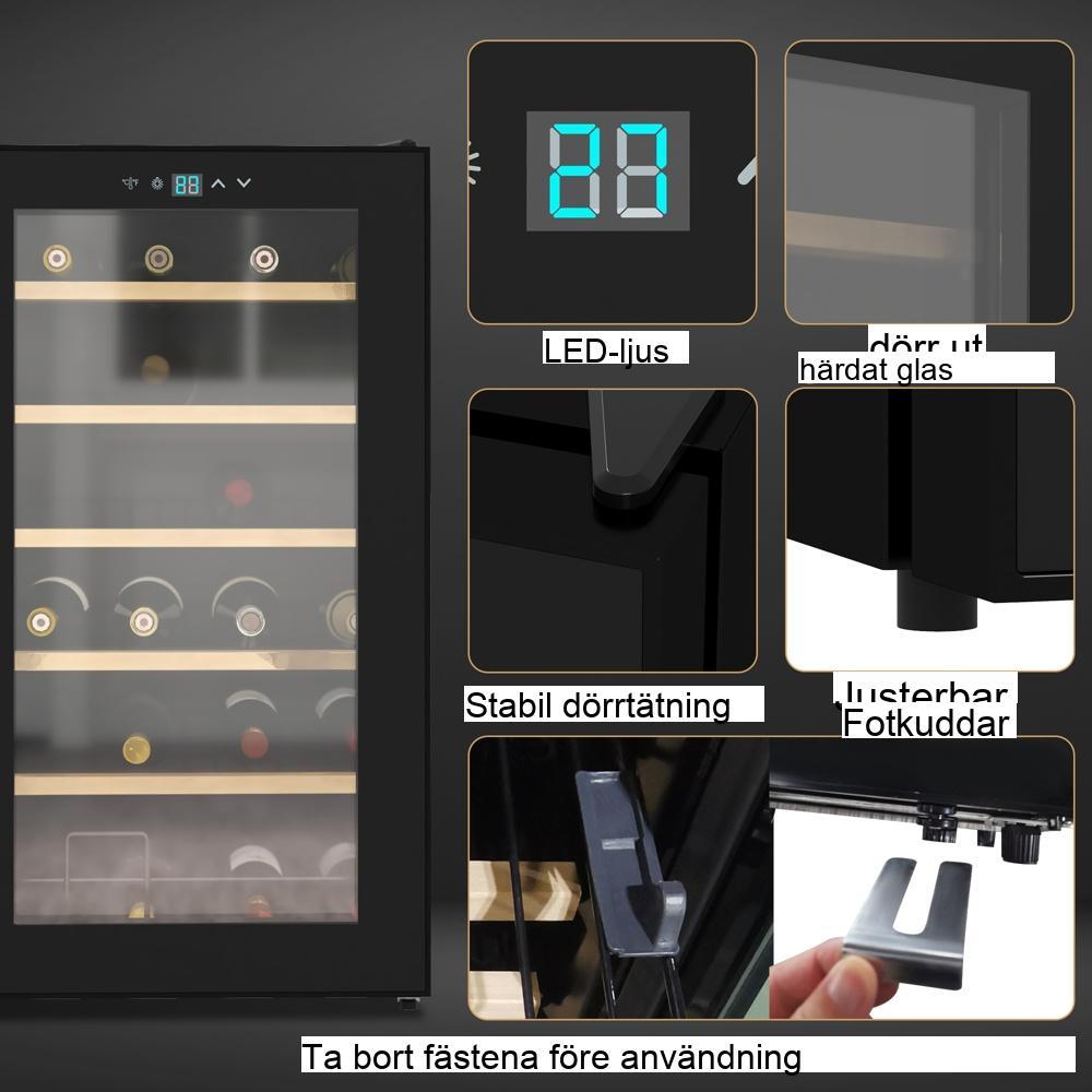 Vinkylskåp med 24 flaskor, svart, 65 L temperaturkontrollerat skåp med LED-belysning