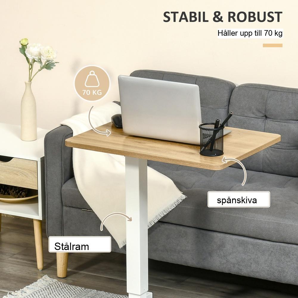 Justerbart stående skrivbord med hjul – C-format laptopbord, naturvit, 70-110 cm