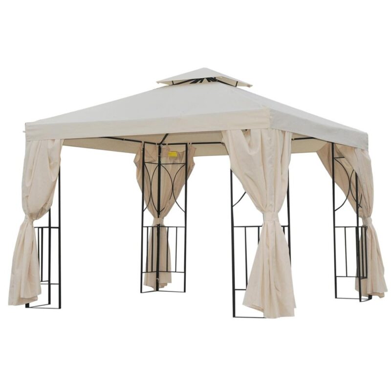 Gräddvit metall Gazebo Pavilion, 3×3 m dubbeltak, UV-skydd, 4 sidopaneler