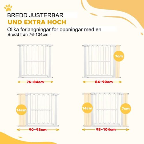 Vit hundsäkerhetsgrind i stål, justerbar 76-104 cm, ingen borrlåsning för stora hundar