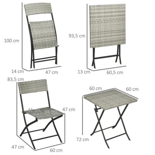 Ljusgrå 3-delad Rotting Bistro Set med hopfällbara stolar och bord