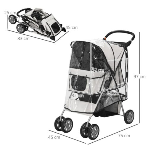 Hopfällbar hundvagn Regnskydd Mugghållare Grå 75x45x97cm för promenader upp till 20 kg