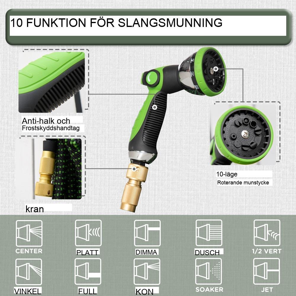 Expanderbar trädgårdsslang med 10 sprutmönster och mässingsanslutningar (22,5 m)