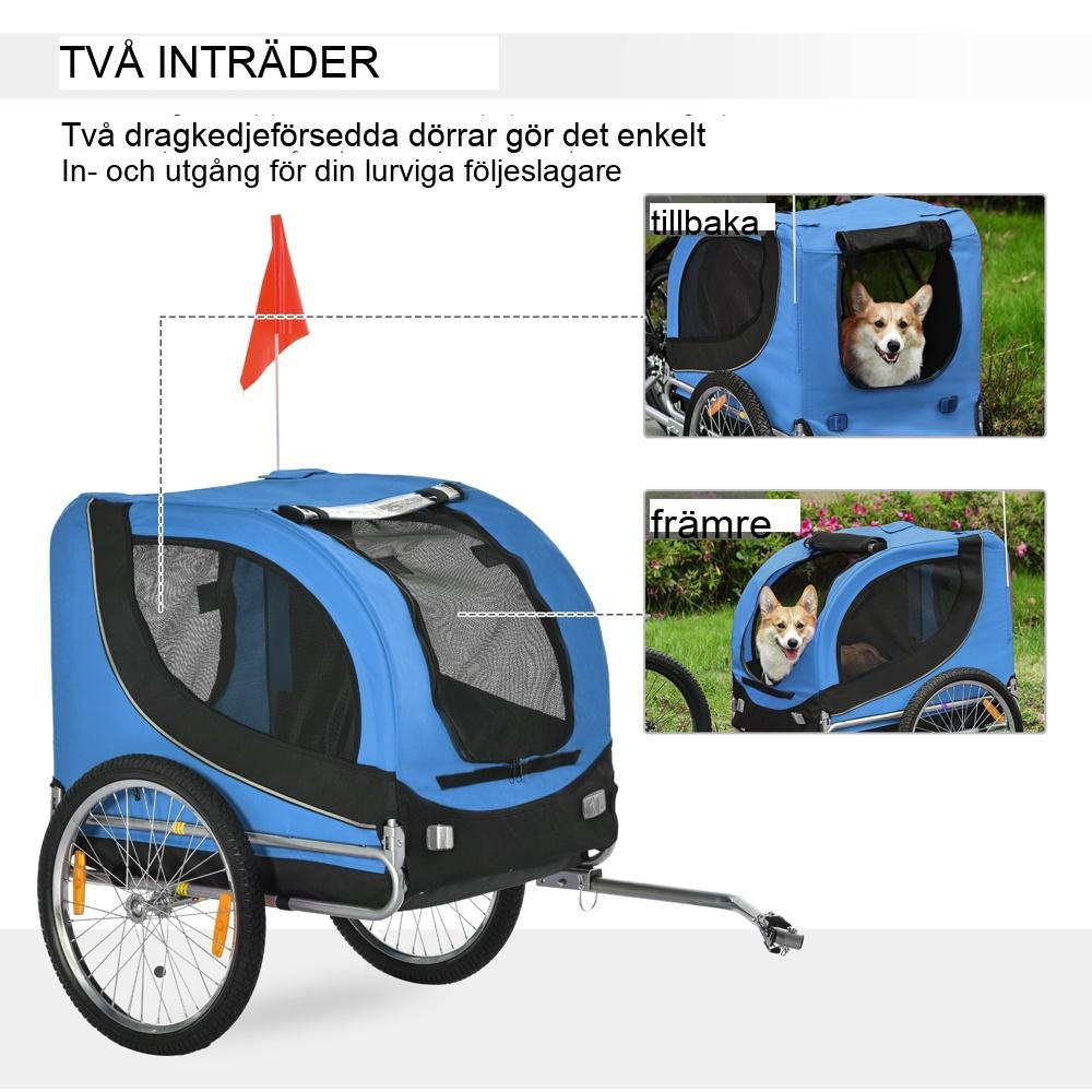 Blå+svart hundcykelvagn, robust stålram, pneumatiska däck, hopfällbara