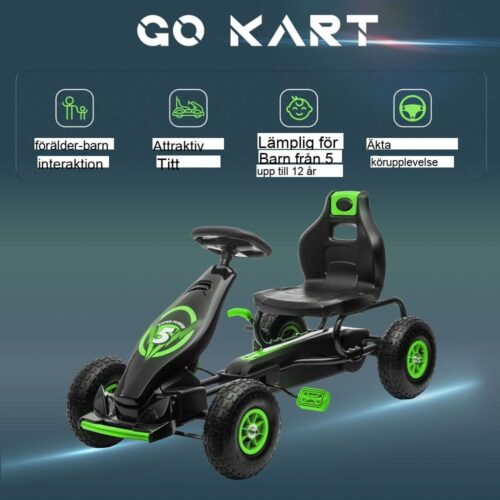 Justerbar gokart för barn, gummidäck, pedal och handbroms, ålder 5+ grön/svart