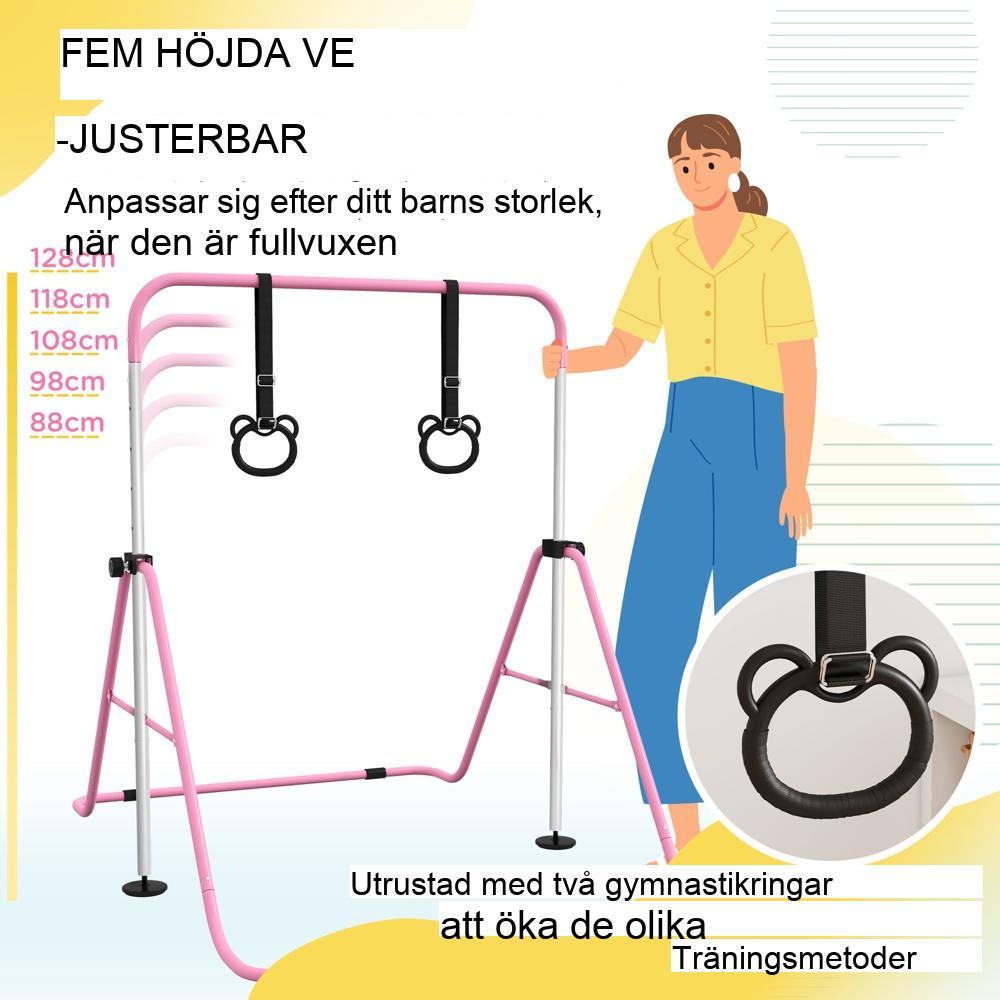 Rosa justerbar gymnastikstång för barn, inomhusträning med ringar (upp till 50 kg)