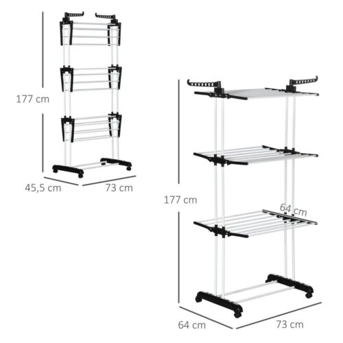 4-lagers hopfällbar torkställning för kläder med hjul Svart 73×45,5x177cm