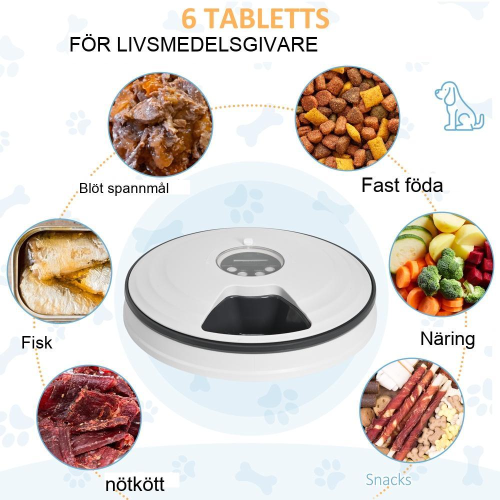 Automatisk husdjursmatare, 6 fack, programmerbar, musikpåminnelse, LED-display