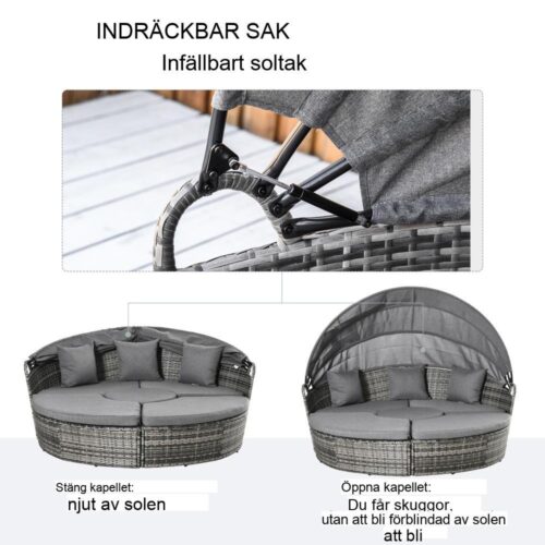 Sun Island Rattan Lounge Set med taklucka och kuddar – Grå