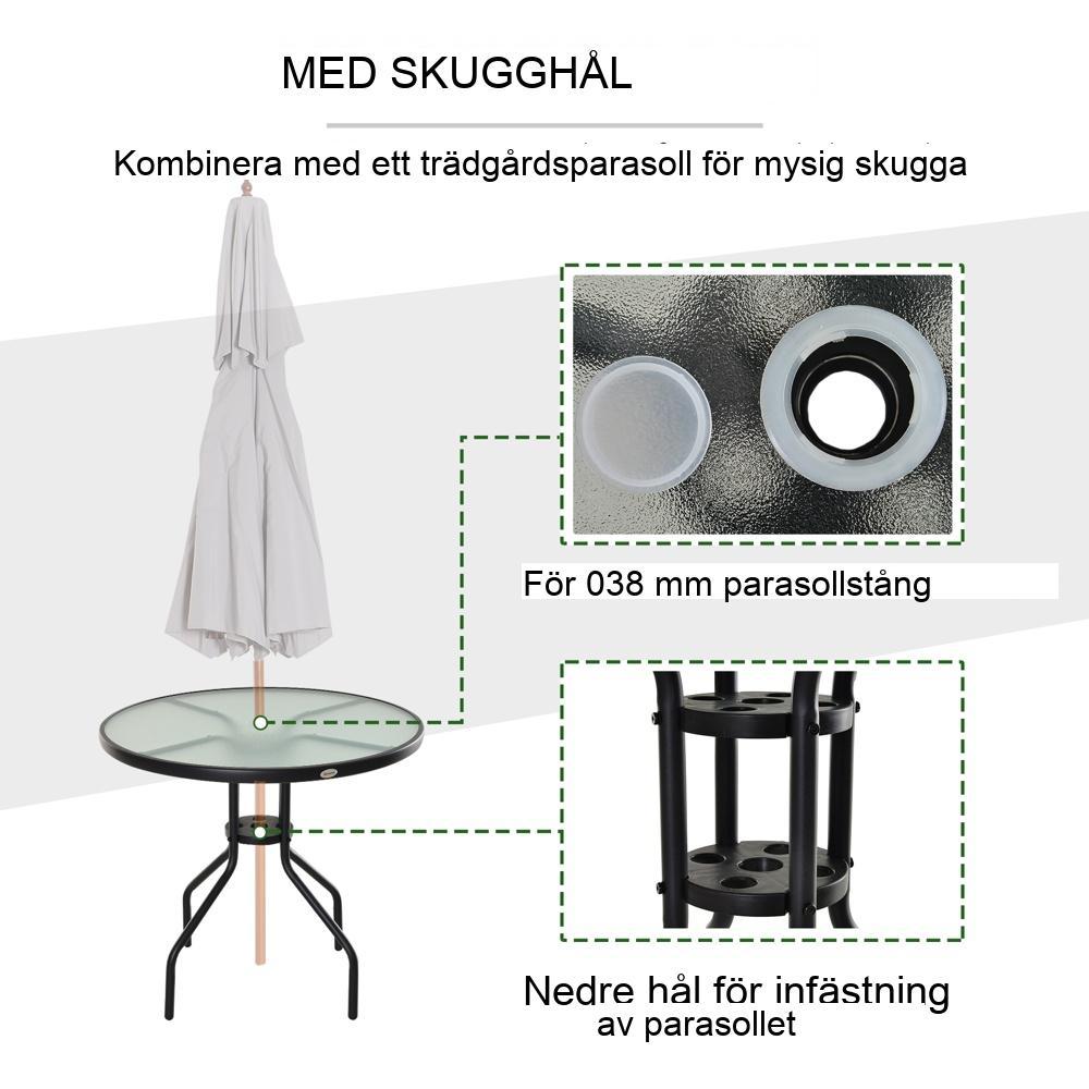 Stilrent bistrobord i svart metall och härdat glas med paraplyhål