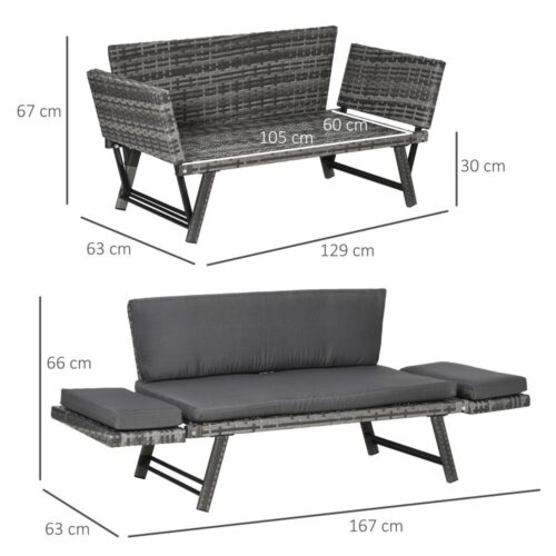 Grå polyrattan trädgårdssoffa, fällbara armstöd, stålstomme, 2-sits