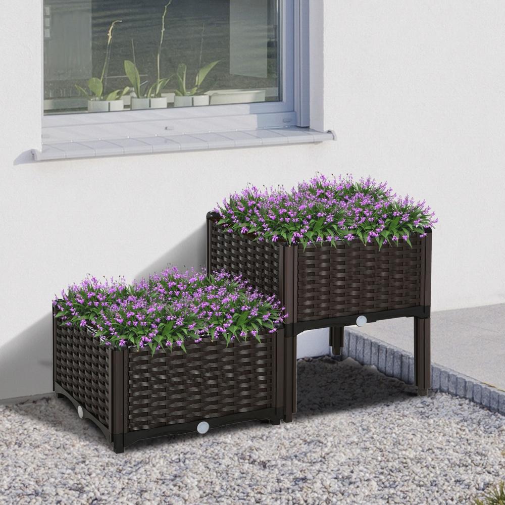 Upphöjda planteringssängar i rottinglook med 2 set – Brun trädgårdsbalkong Blomlådor med dräneringshål 80×40 cm