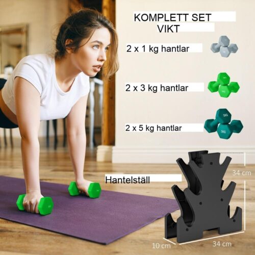 Hexagon hantelset med stativ – 6 vikter (1 kg, 3 kg, 5 kg) för hemmagym