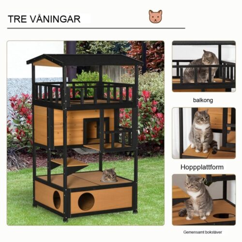 Yellow Fir Wood Cat House, 4 våningar med trappor, utomhus väderbeständig