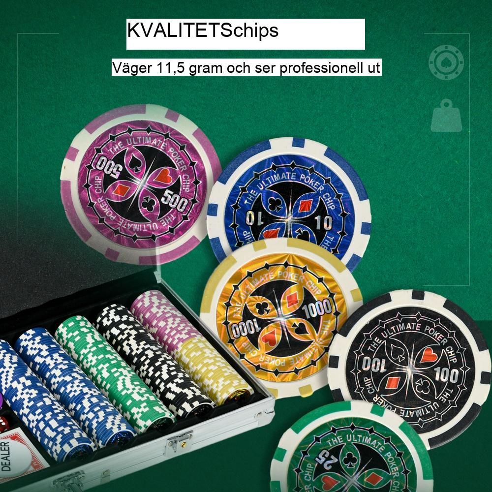 Professionell pokerset med 500 marker med lås, fodral och dealertillbehör