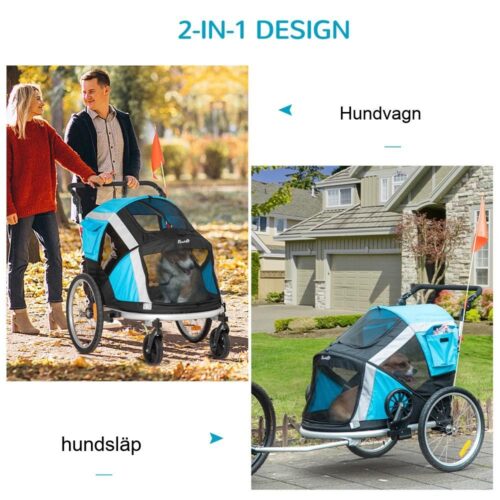 Blå+Silver hopfällbar hundcykelvagn och husdjursvagn, 2-i-1-design </textarea>