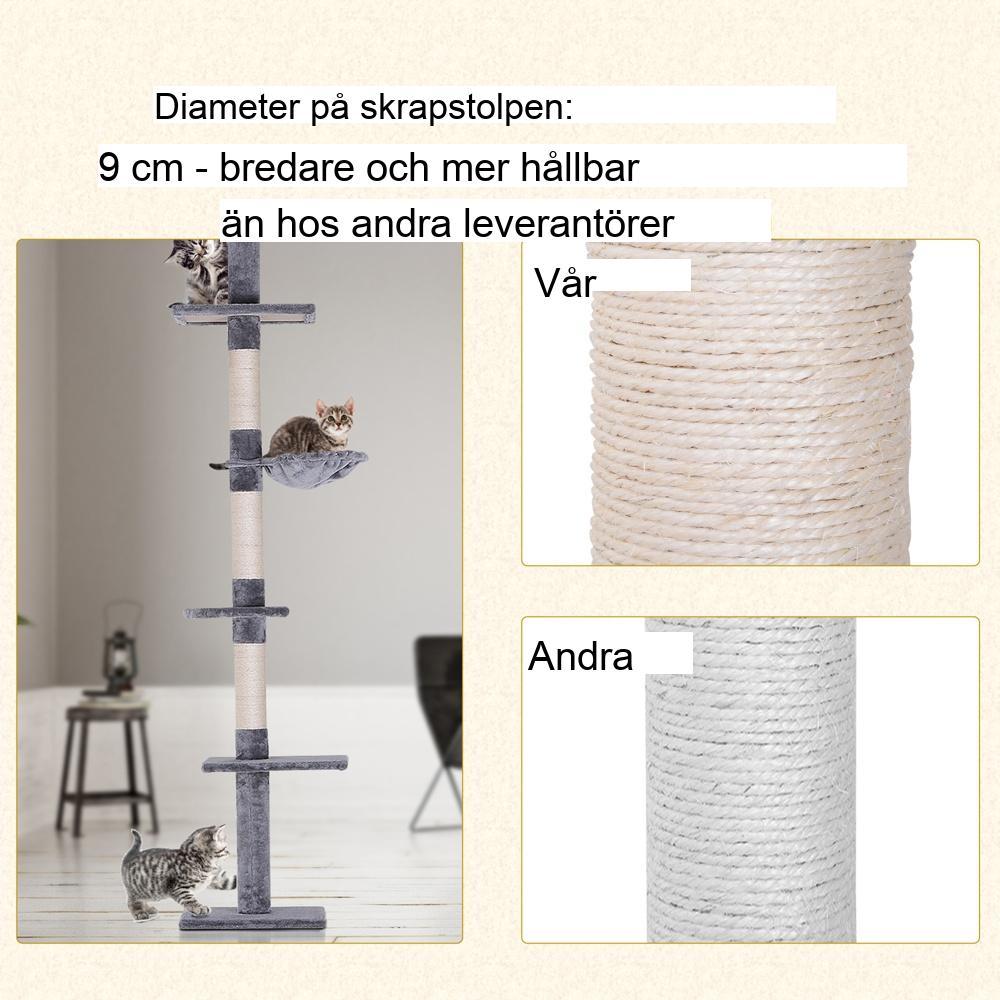 Högt i tak justerbart kattträd med sisal-krapstolpar – grå