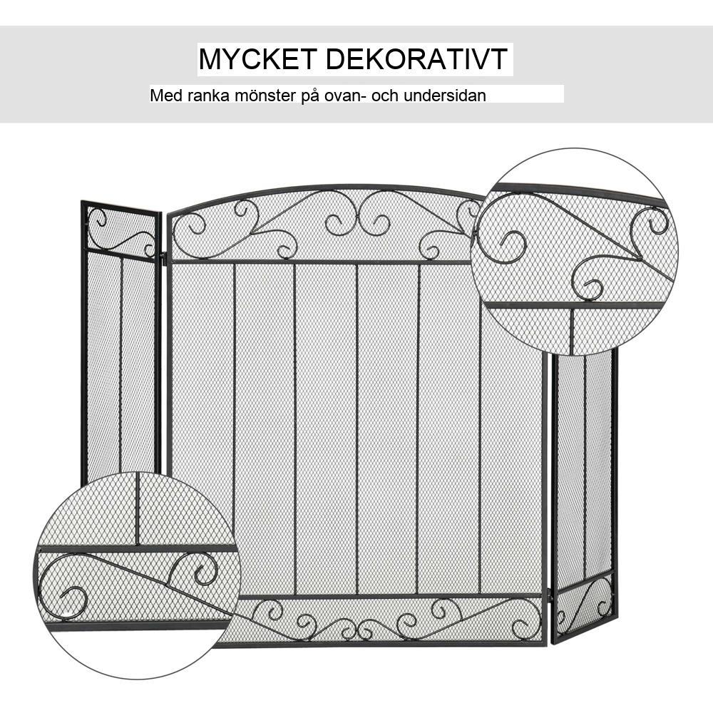 Vikbart 3-panels eldstadsskydd i stål, svart gnistskärm 105×80,5 cm