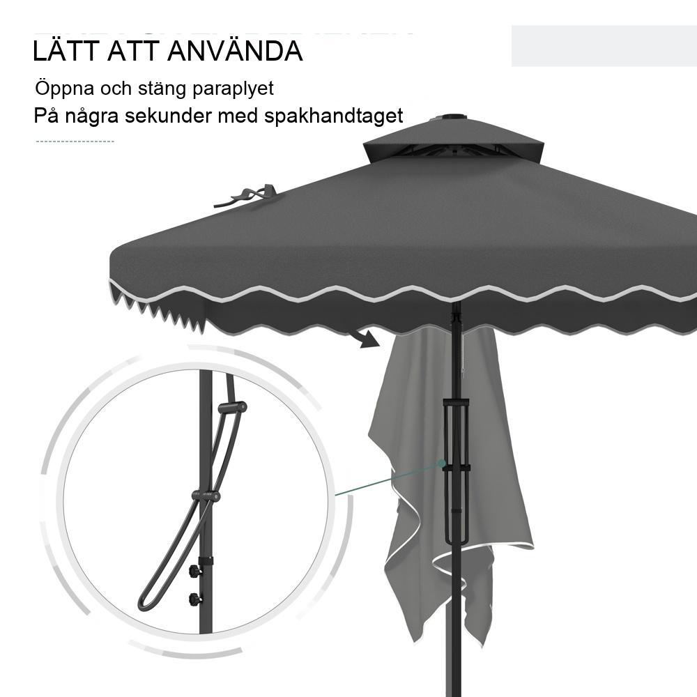 Stort 243 cm mörkgrått fribärande paraply med UV-skydd och korsbas