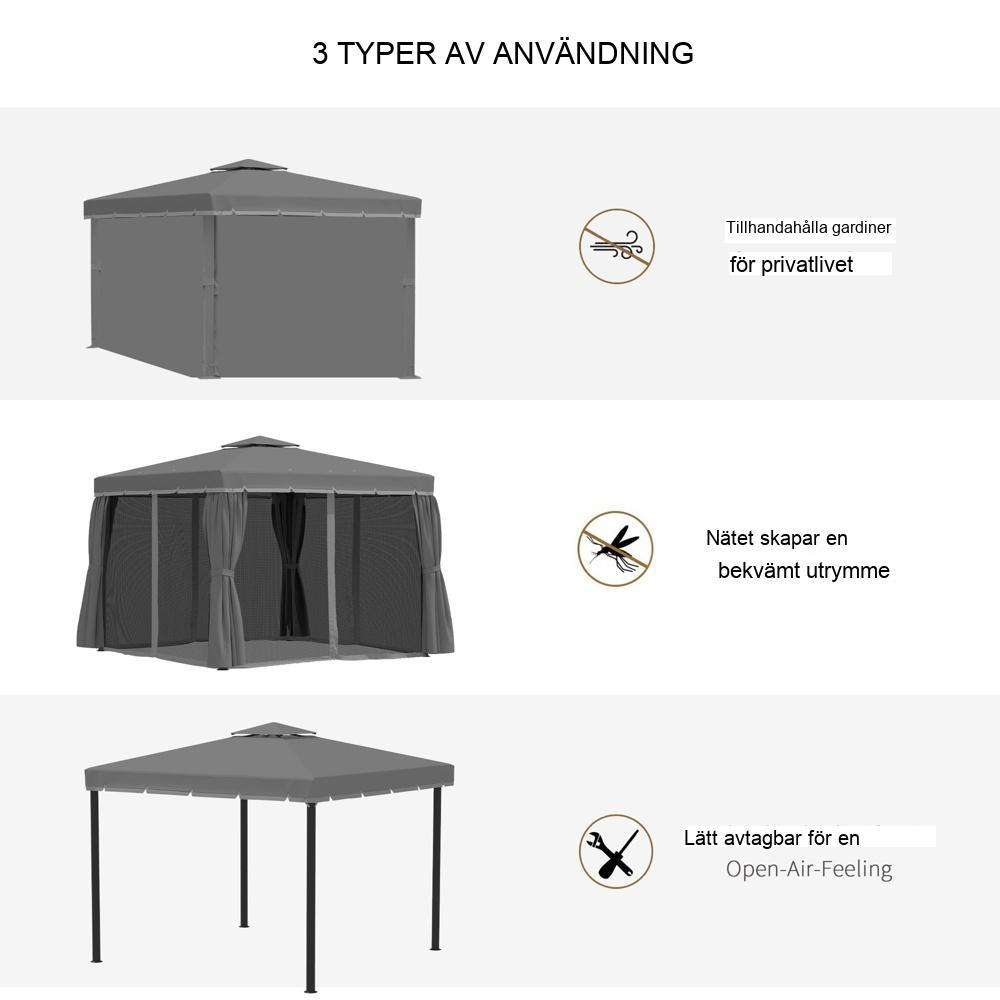 3x3m lusthus med dubbeltak, myggnät och sekretessgardiner