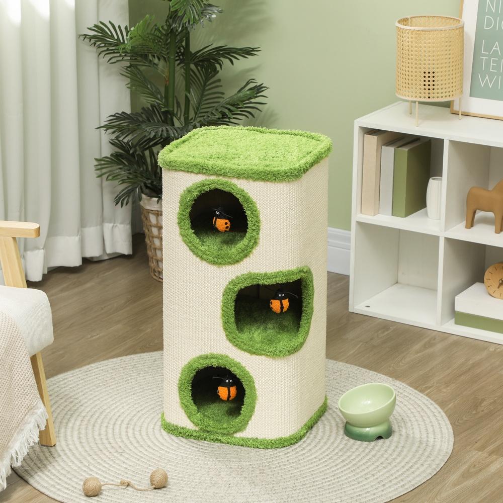 Green+Cream Cat Scratching Barrel Tower med 3 grottor och leksaker