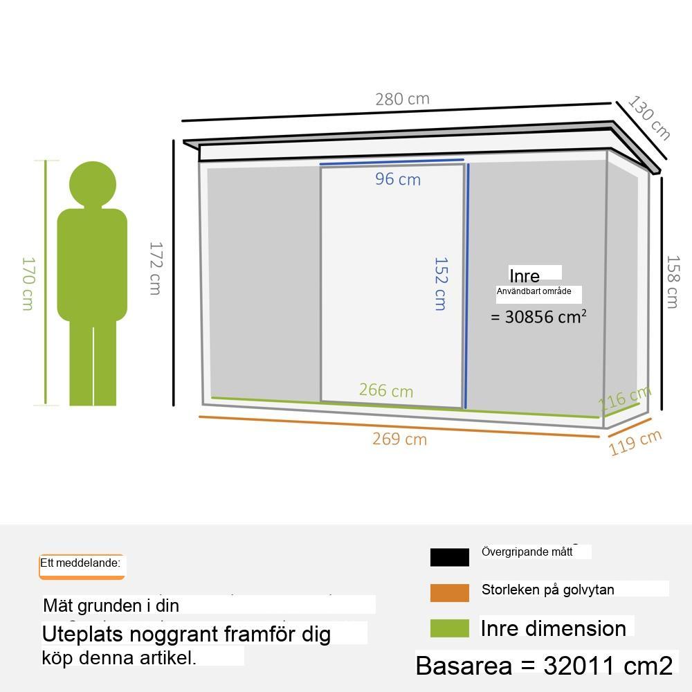 Mörkgrå verktygsbod i stål – skjutdörr, ventilation, 280x130x172cm