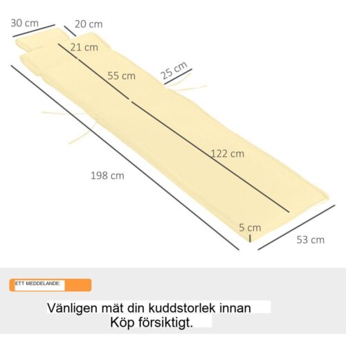 Krämvit liggstolsdyna, tjock stoppning, polyesteröverdrag, 198x53cm