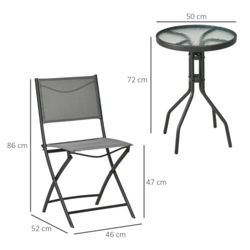 Grey Steel Bistro Set för 2, hopfällbara stolar och härdat glasbord