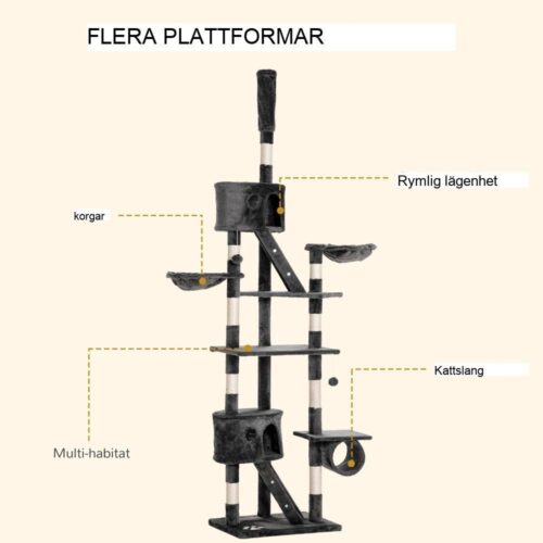 Mörkgrå kattträd – stort klättertorn i flera nivåer med sisal-skrapstolpar och plyschhängmattor (240-260 cm)