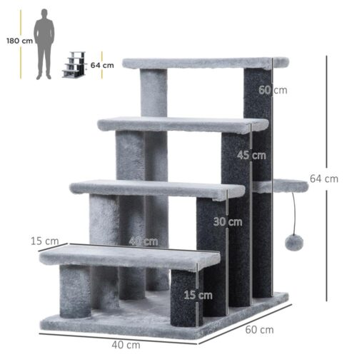 Grå kattstege 64 cm 4-stegs med jute och plysch för äldre katter