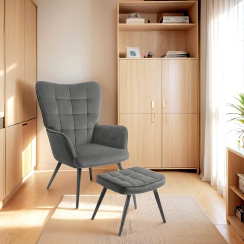 Dark Grey Velvet Wing Chair and Pall Set – Bekväm loungestol med fotstöd