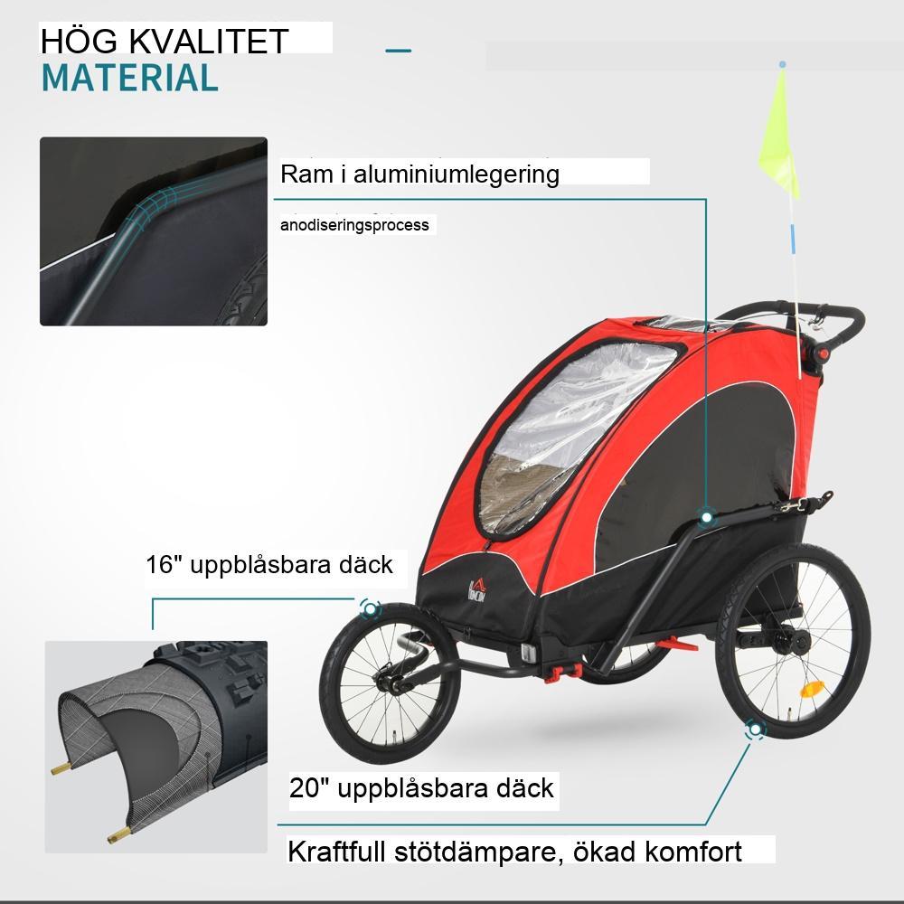 3-i-1 aluminium cykelvagn Jogger för 2 barn Säker och bekväm