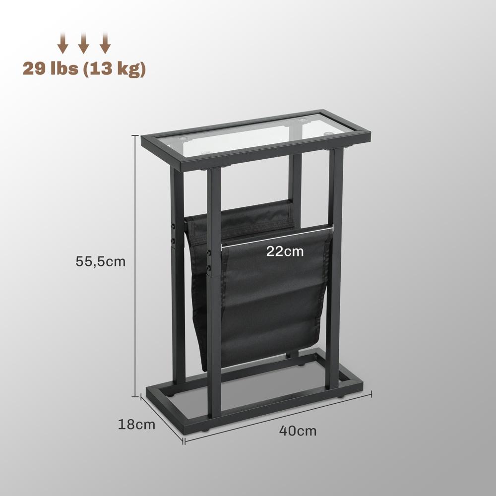 Modernt svart sidobord med glasskiva och tygpåse, 40cm