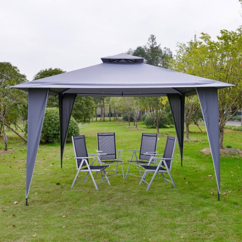 Paviljong Festtält Dubbeltak 3,45 m x 3,45 m – Vattentät och UV-beständig grå metall Gazebo för trädgårdsfester