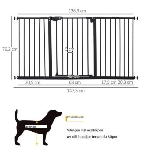 Svart metalldörrsäkerhetsgrind för husdjur och barn, utbyggbar till 147,5 cm