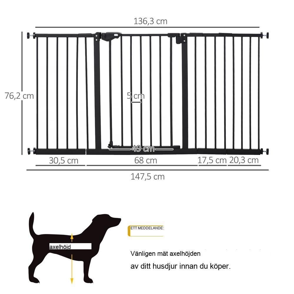 Svart metalldörrsäkerhetsgrind för husdjur och barn, utbyggbar till 147,5 cm