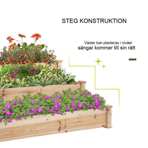 Naturlig gran trä 3-vånings upphöjd trädgårdssäng för balkong och rabatter