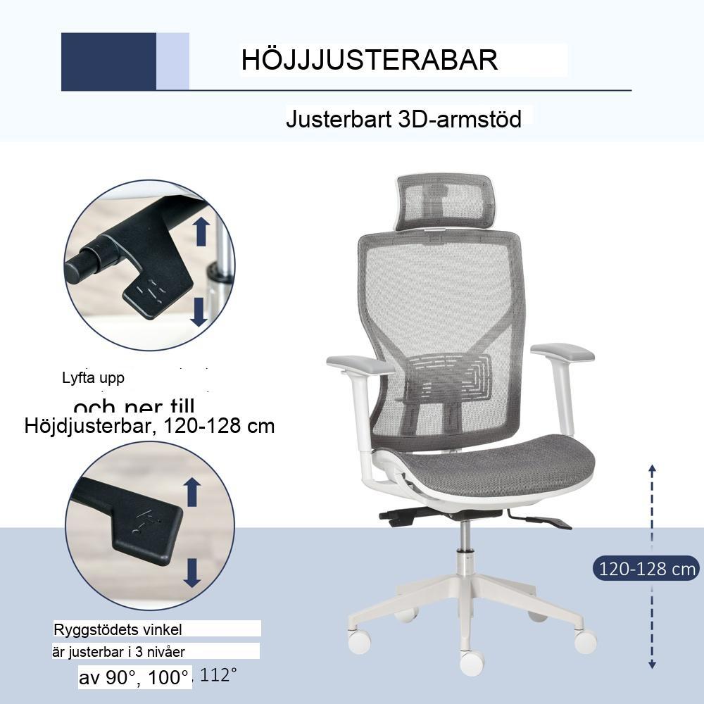 Ergonomisk kontorsstol med justerbart nackstöd och armstöd – Grå