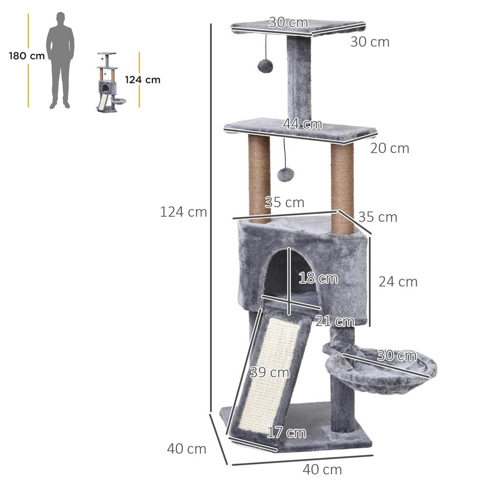 Grå kattträd med skrapstolpar, plattformar och hängsäng
