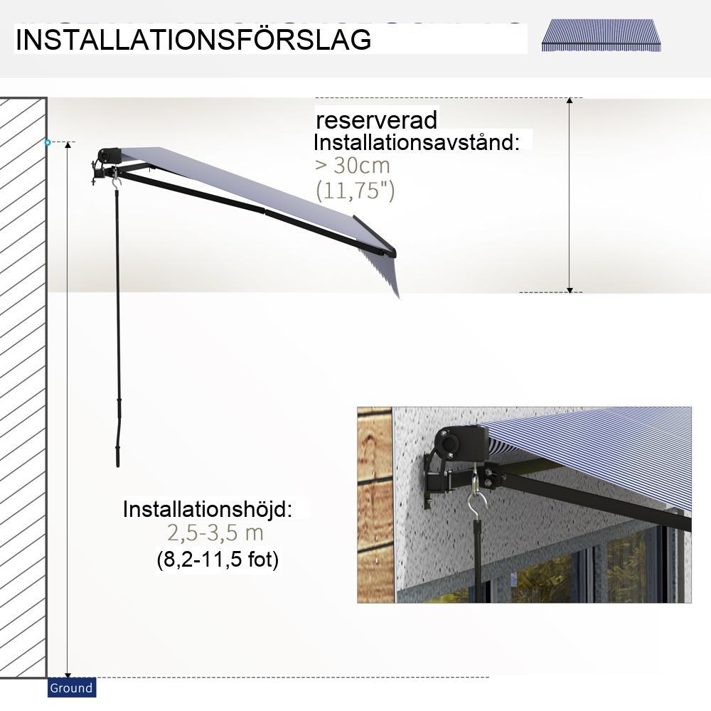 Balkongmarkis i blått och vitt aluminium med handvev, solskydd