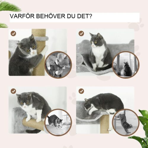 5-delat kattklätterväggsset med skrapstolpar, hängmatta och plattform – ljusgrå