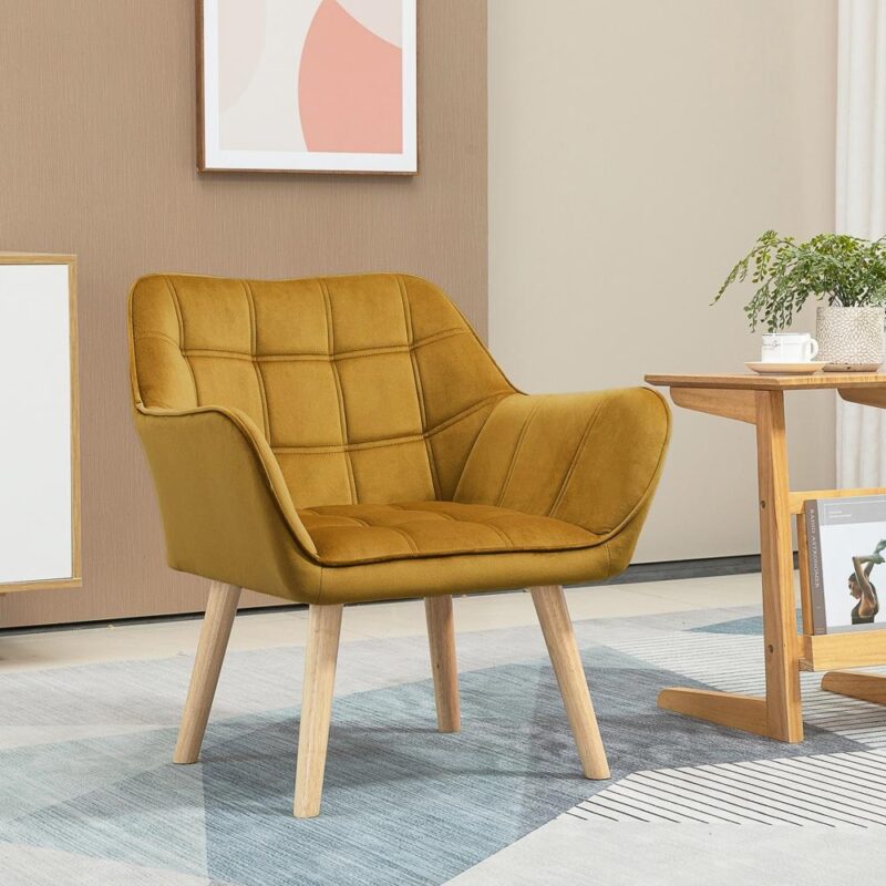 Scandinavian Velvet Wingback Stol med upphöjda ben – Gul